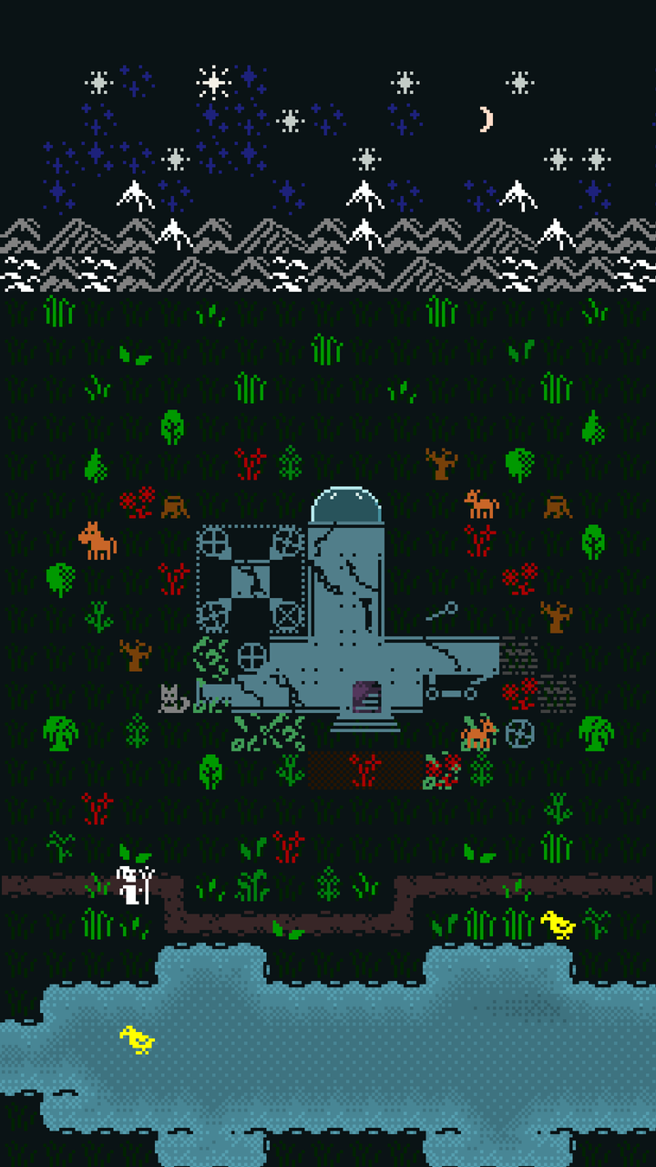 A mossy ruined reactor in a forest at night, a pilgrim walking past