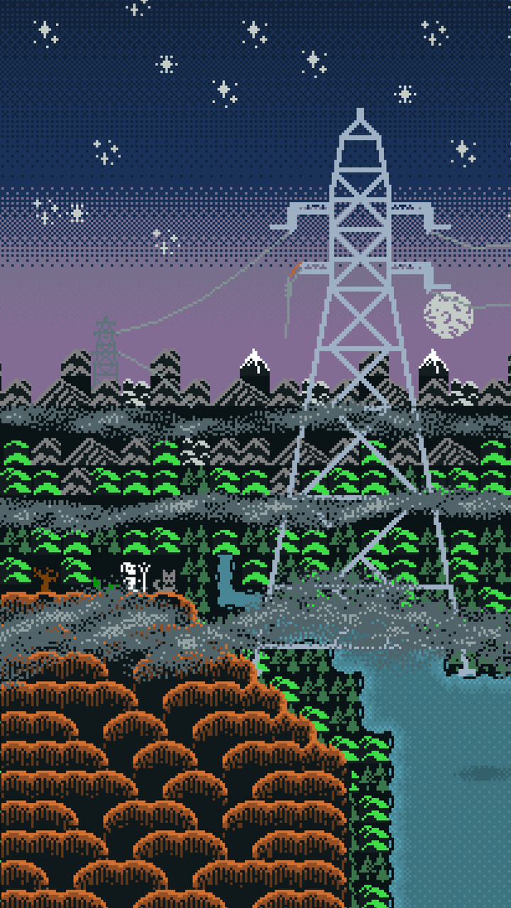 A pilgrim and a dog facing a ruined pylon