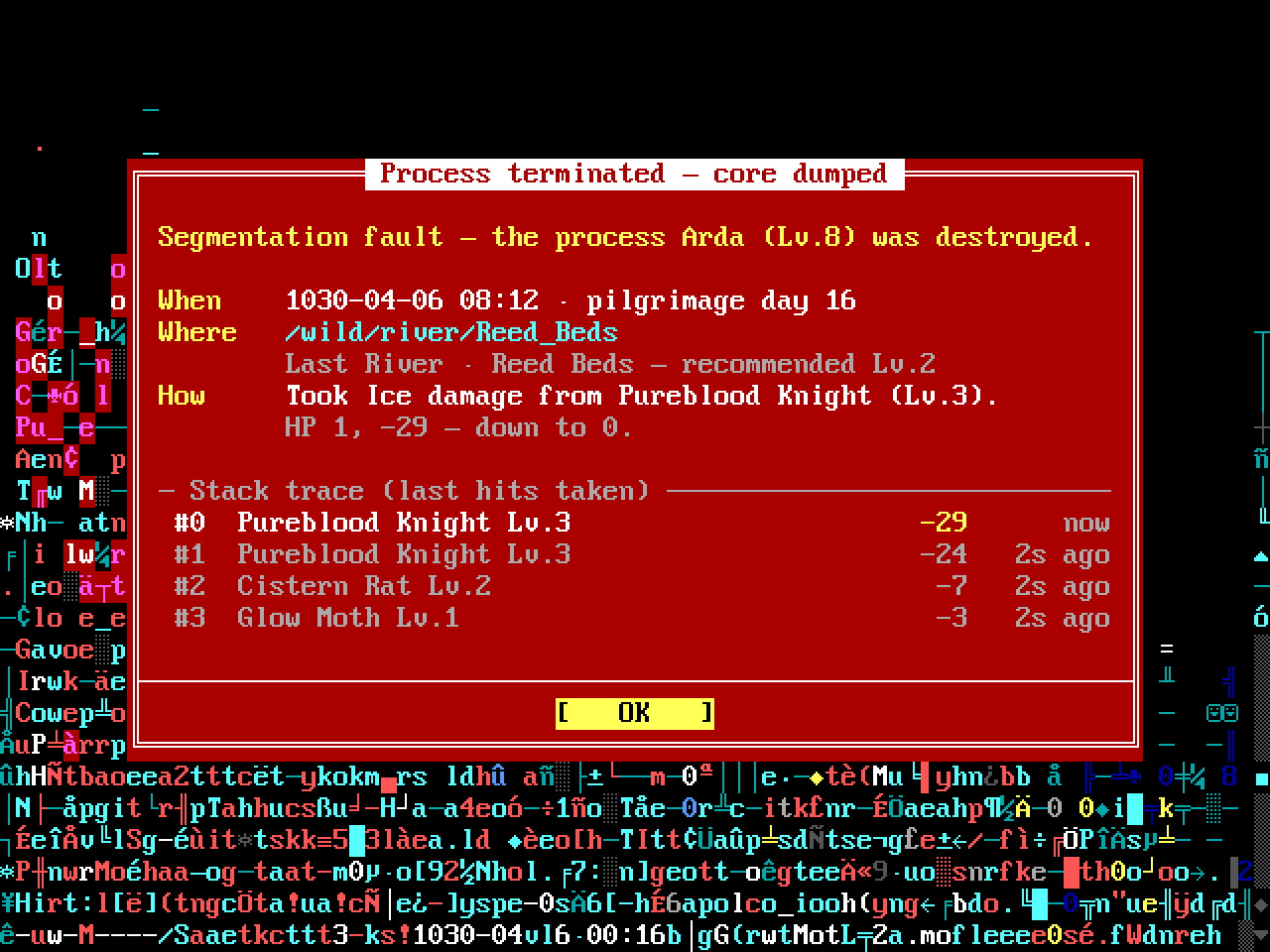 The core dump shown after death